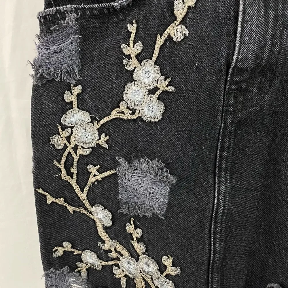 Carmar Black High Rise Slim Fit Distressed Floral Embroidered Denim Skirt